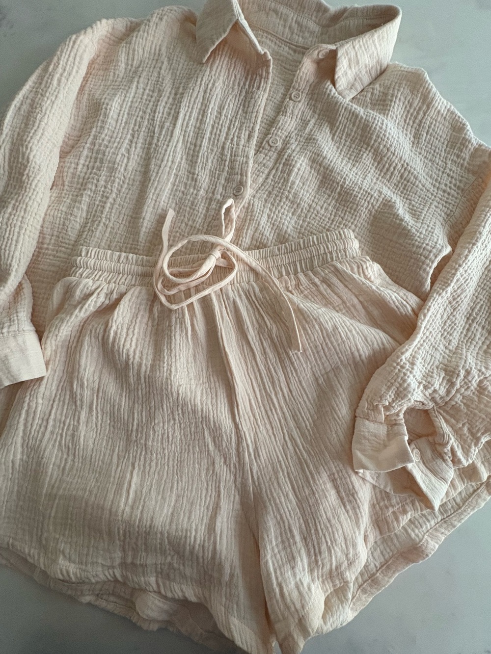 100% Cotton Gauze Button-Down Top and Shorts Set - Picture 1 of 9